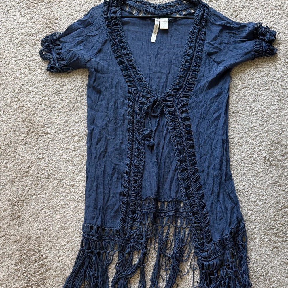 Navy Fringe Kimono Cardigan - Women - Picture 3 of 9